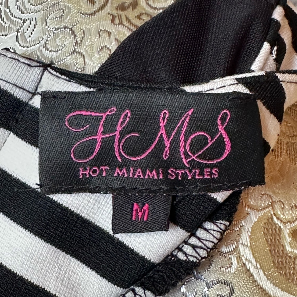 Sexy Hot Miami Styles Stretchy Black and White Striped Bodycon Dress Size Medium - Picture 2 of 7